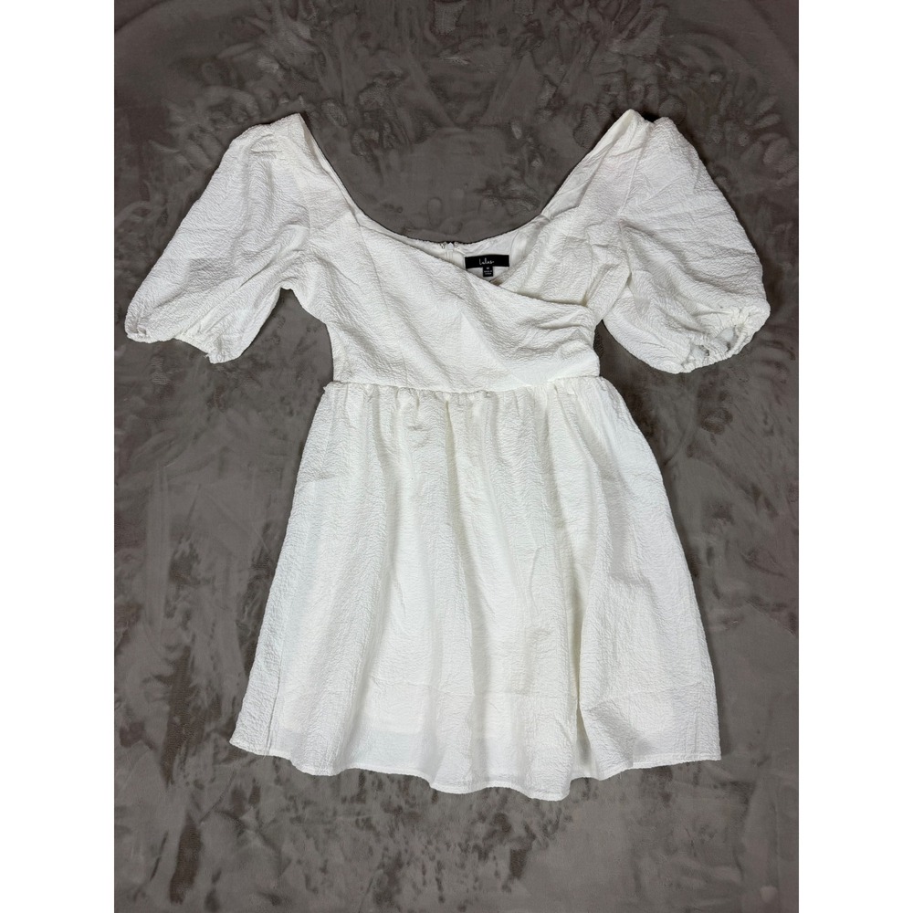 Lulus White Textured Puff Sleeve Mini Dress Surplice Neckline Size M
